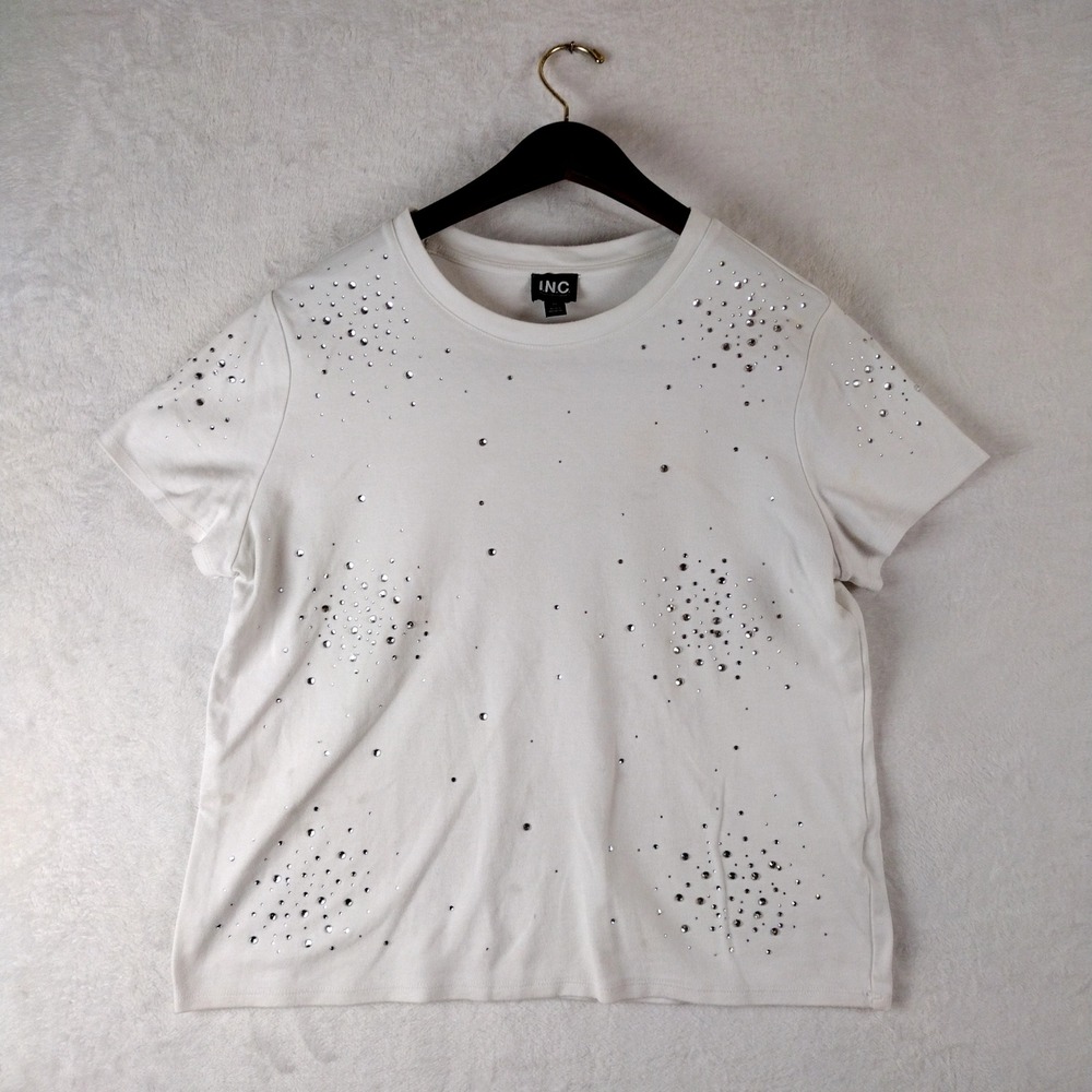 INC International Concepts White Rhinestone Studded Cotton T-Shirt Womens Medium